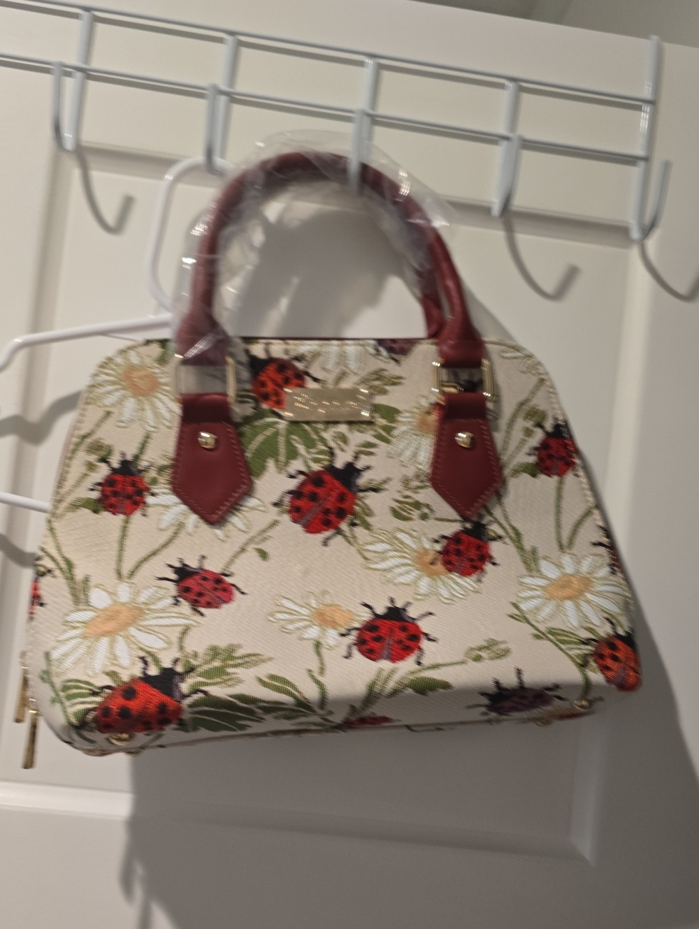 The Art Of Tapestry Cream Ladybug Floral Satchel with Red Trim